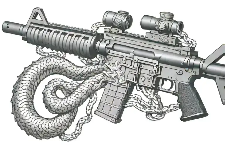 american AR 15  rifle with rattle snake wrapping ot around with snake head showing tattoo design idea