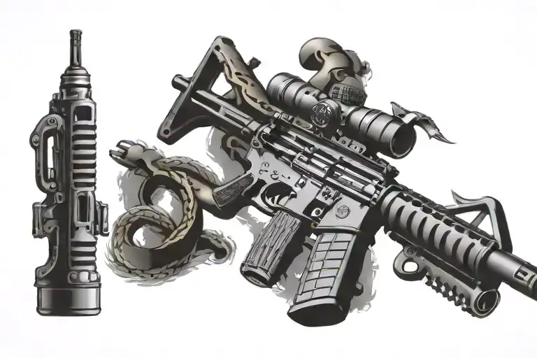 american AR 15  rifle with rattle snake wrapping ot around tattoo design idea