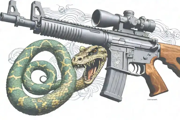 snake AR 15  rifle with rattle snake coiled around with snake head showing tattoo design idea