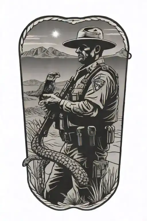 A silhouette of a border patrol agent standing guard in the desert, with a rattle snake coiled around their arm tattoo design idea