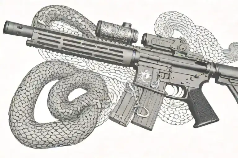 american AR 15  rifle with rattle snake wrapping ot around with snake head showing tattoo design idea