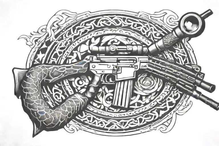 A geometric pattern incorporating elements of an m4 rifle and a rattle snake, reflecting the precision and agility required in border patrol work tattoo design idea