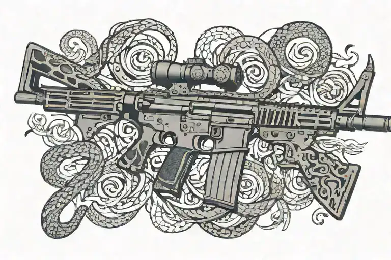 american AR 15  rifle with snake coiling tattoo design idea