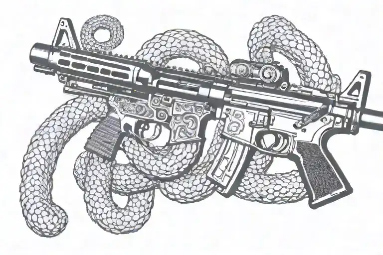 american AR 15  rifle with rattle snake wrapping ot around tattoo design idea