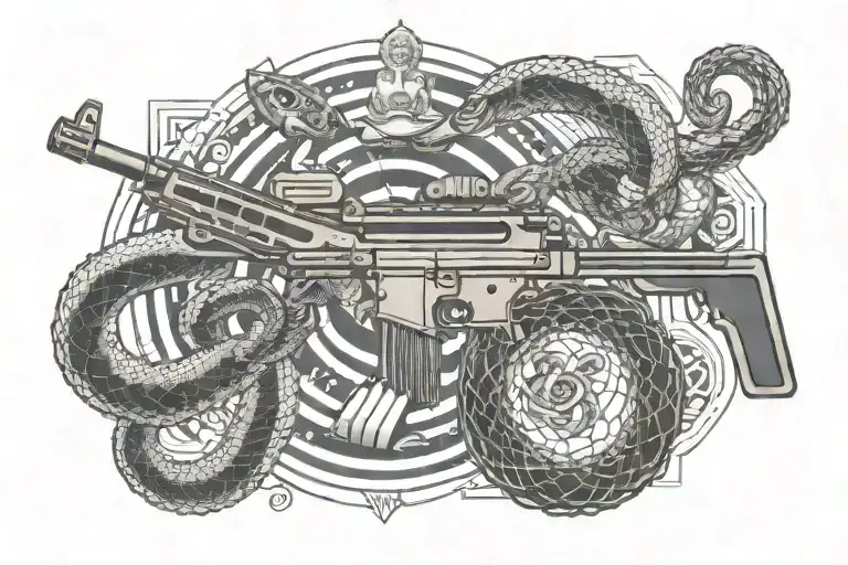 A geometric pattern incorporating elements of an m4 rifle and a rattle snake, reflecting the precision and agility required in border patrol work tattoo design idea