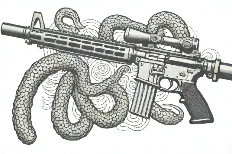 american AR 15  rifle with rattle snake wrapping ot around tattoo design idea