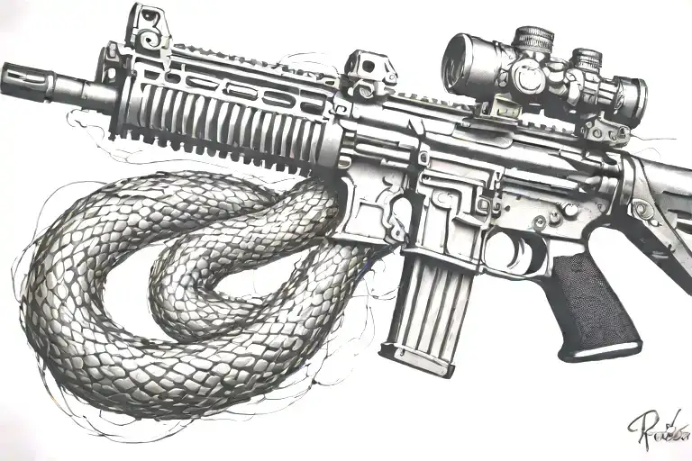 rattled snake wrappped around AR 15 rifle tattoo design idea
