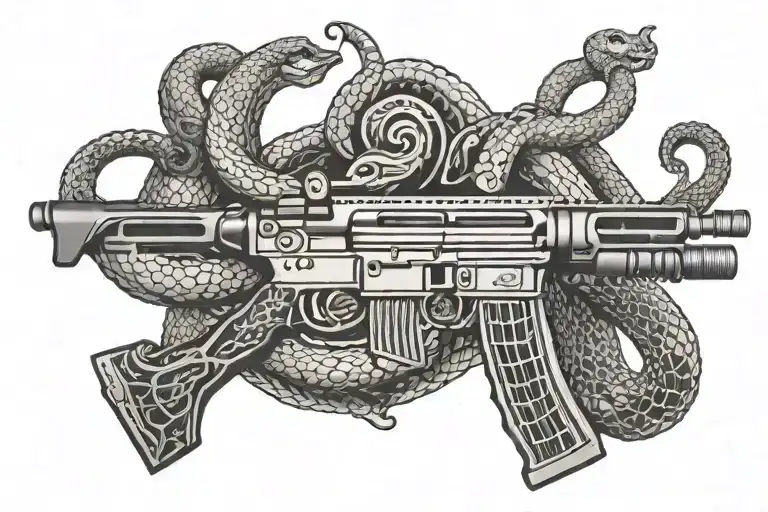 A stylized m4 rifle intertwined with a rattle snake, symbolizing protection and strength tattoo design idea