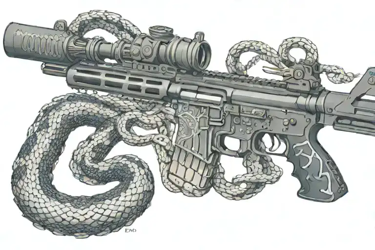 snake AR 15  rifle with rattle snake coiled around with snake head showing tattoo design idea