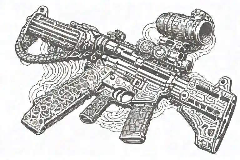 american AR 15  rifle with rattle snake wrapping ot around tattoo design idea