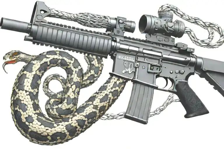 snake AR 15  rifle with rattle snake coiled around with snake head showing tattoo design idea