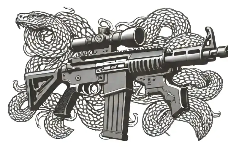 A stylized m4 rifle intertwined with a rattle snake, symbolizing protection and strength tattoo design idea