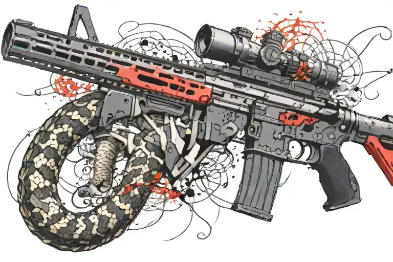 snake AR 15  rifle with rattle snake coiled around with snake head showing tattoo design idea