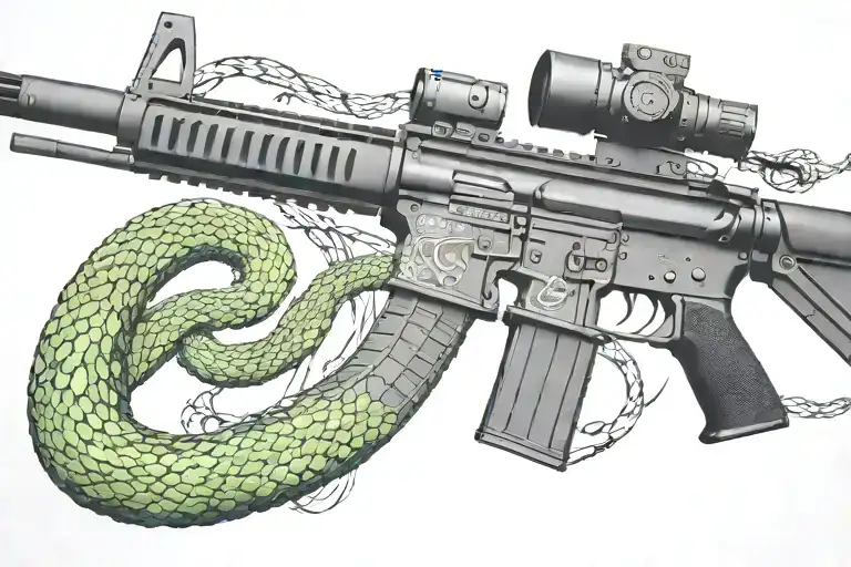 snake AR 15  rifle with rattle snake coiled around with snake head showing tattoo design idea