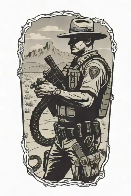 A silhouette of a border patrol agent standing guard in the desert, with a rattle snake coiled around their arm tattoo design idea