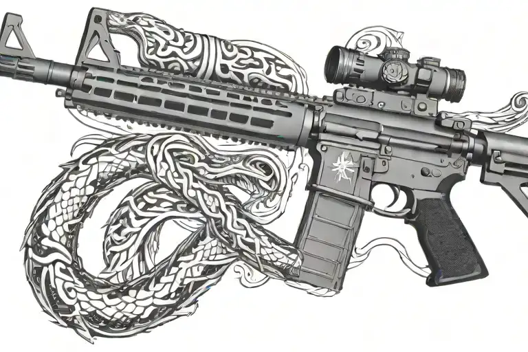 american AR 15  rifle with rattle snake wrapping ot around with snake head showing tattoo design idea