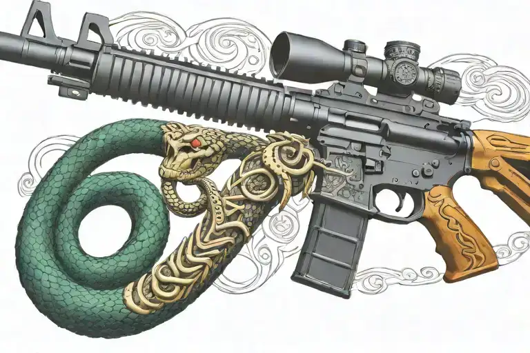 snake AR 15  rifle with rattle snake coiled around with snake head showing tattoo design idea