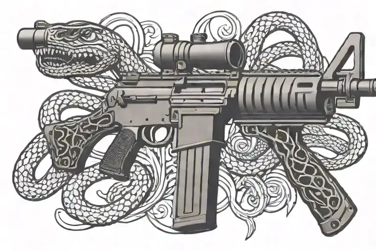 A stylized m4 rifle intertwined with a rattle snake, symbolizing protection and strength tattoo design idea