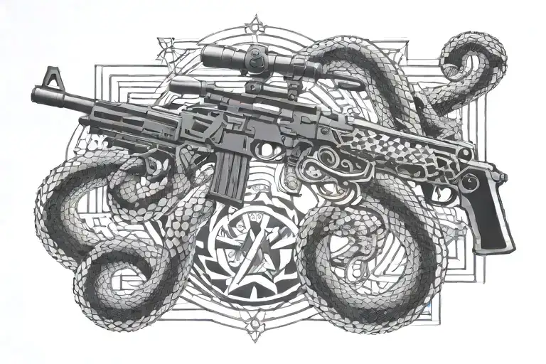 A geometric pattern incorporating elements of an m4 rifle and a rattle snake, reflecting the precision and agility required in border patrol work tattoo design idea