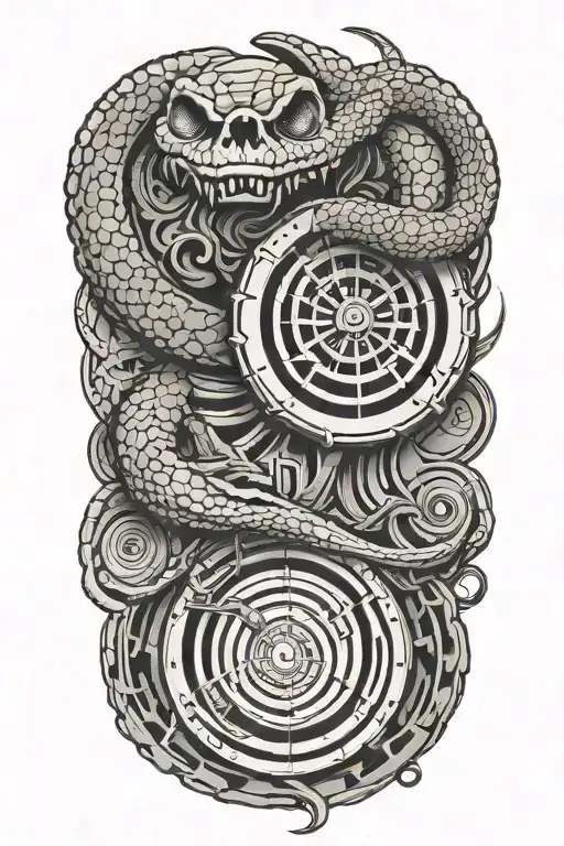 An abstract design of a shooting target being pierced by a bullet, with a rattle snake slithering through the holes tattoo design idea
