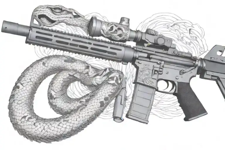 american AR 15  rifle with rattle snake wrapping ot around with snake head showing tattoo design idea