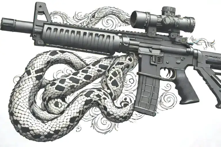 snake AR 15  rifle with rattle snake coiled around with snake head showing tattoo design idea