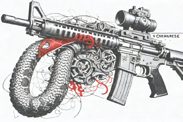 snake AR 15  rifle with rattle snake coiled around with snake head showing tattoo design idea