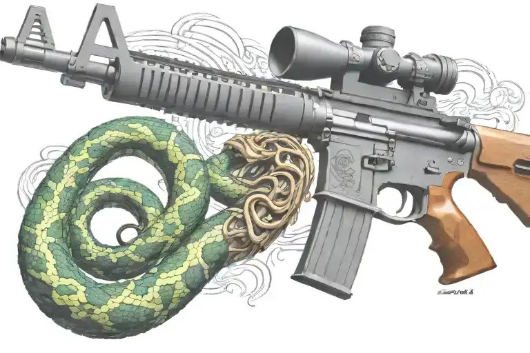 snake AR 15  rifle with rattle snake coiled around with snake head showing tattoo design idea
