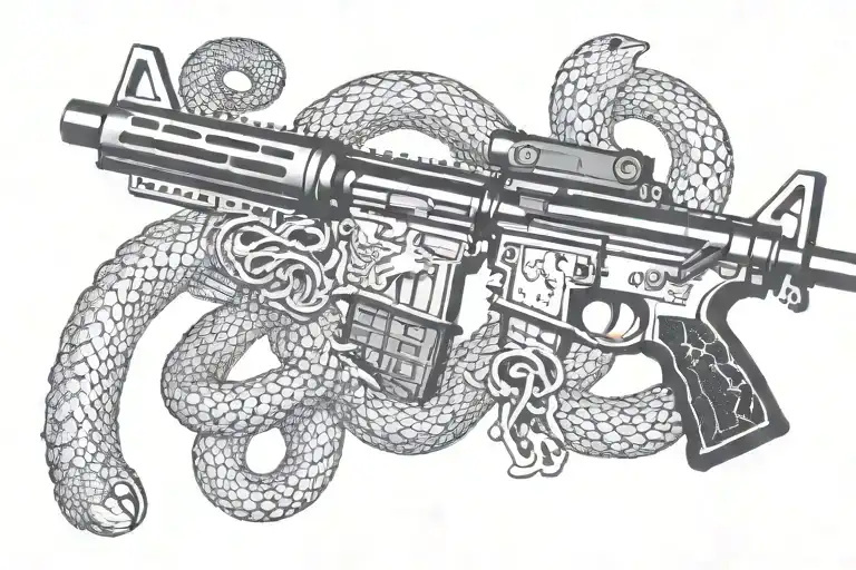 american AR 15  rifle with rattle snake wrapping ot around tattoo design idea