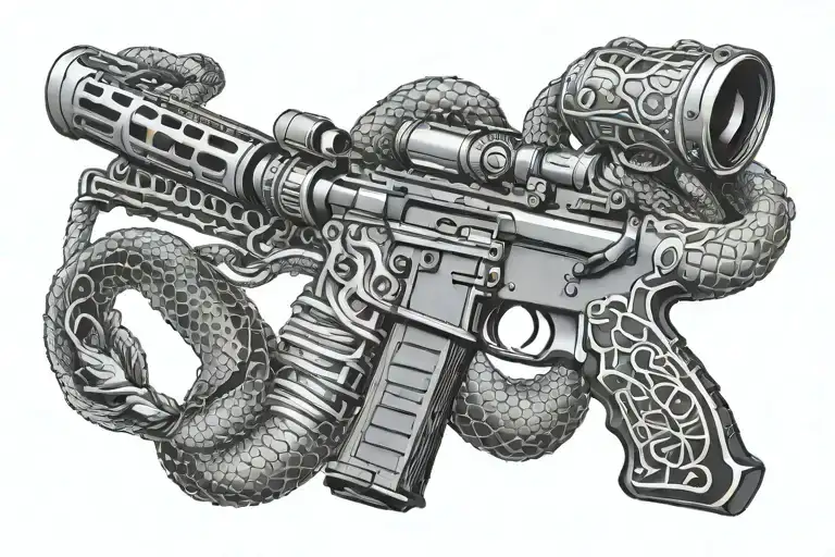 american AR 15  rifle with rattle snake wrapping ot around tattoo design idea
