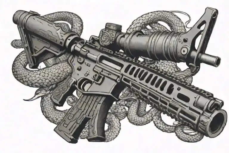american AR 15  rifle with rattle snake wrapping ot around tattoo design idea