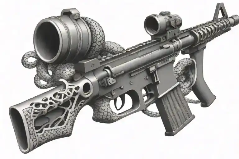 american AR 15  rifle with snake coiling tattoo design idea