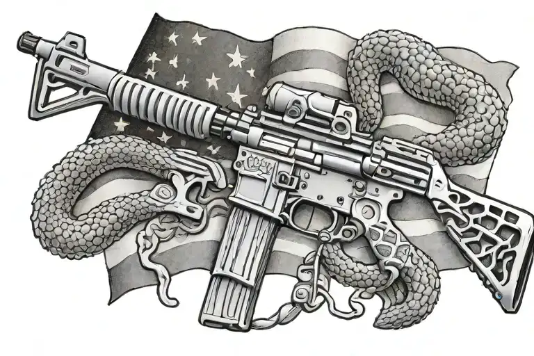 Create a patriotic tattoo featuring the American flag waving in the background with an m4 rifle and a rattle snake intertwined tattoo design idea