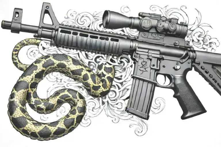 rattled snake wrappped around AR 15 rifle tattoo design idea