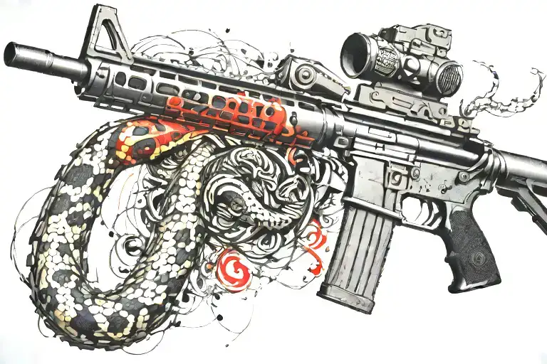 snake AR 15  rifle with rattle snake coiled around with snake head showing tattoo design idea