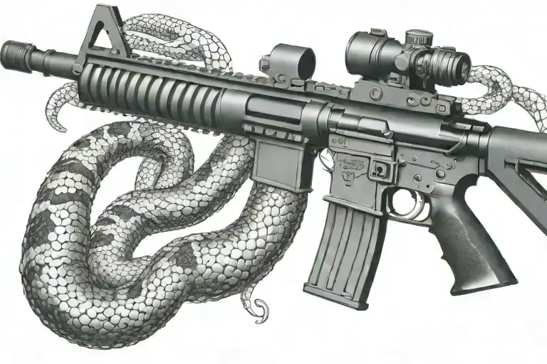 snake AR 15  rifle with rattle snake coiled around with snake head showing tattoo design idea