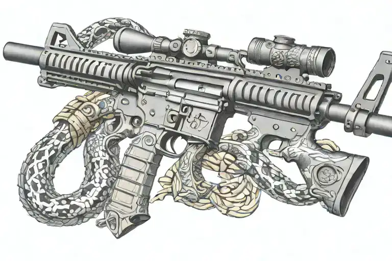 american AR 15  rifle with rattle snake wrapping ot around with snake head showing tattoo design idea
