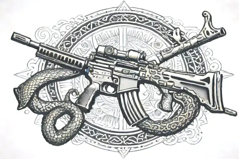A geometric pattern incorporating elements of an m4 rifle and a rattle snake, reflecting the precision and agility required in border patrol work tattoo design idea