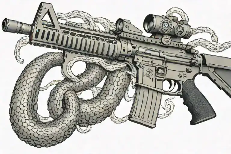 snake AR 15  rifle with rattle snake coiled around with snake head showing tattoo design idea