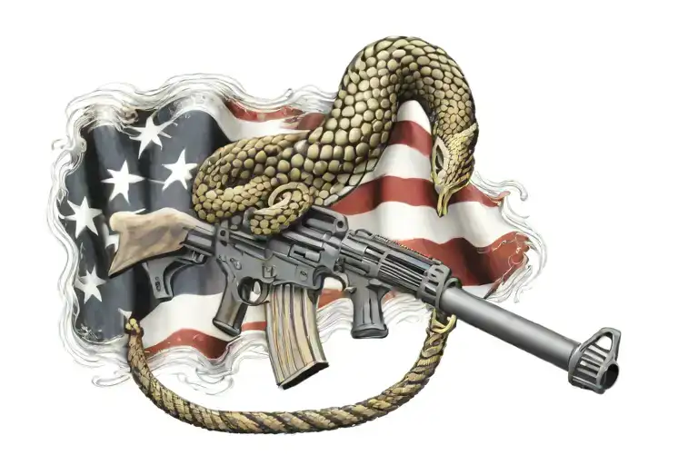Create a patriotic tattoo featuring the American flag waving in the background with an m4 rifle and a rattle snake intertwined tattoo design idea
