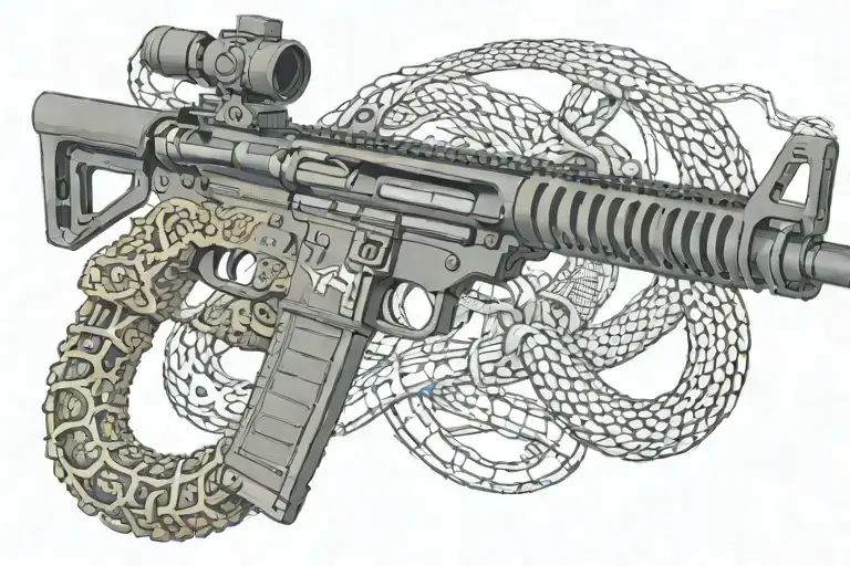 american AR 15  rifle with rattle snake wrapping ot around with snake head showing tattoo design idea