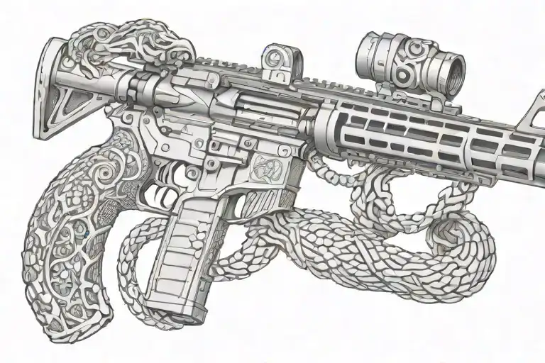 american AR 15  rifle with rattle snake wrapping ot around with snake head showing tattoo design idea