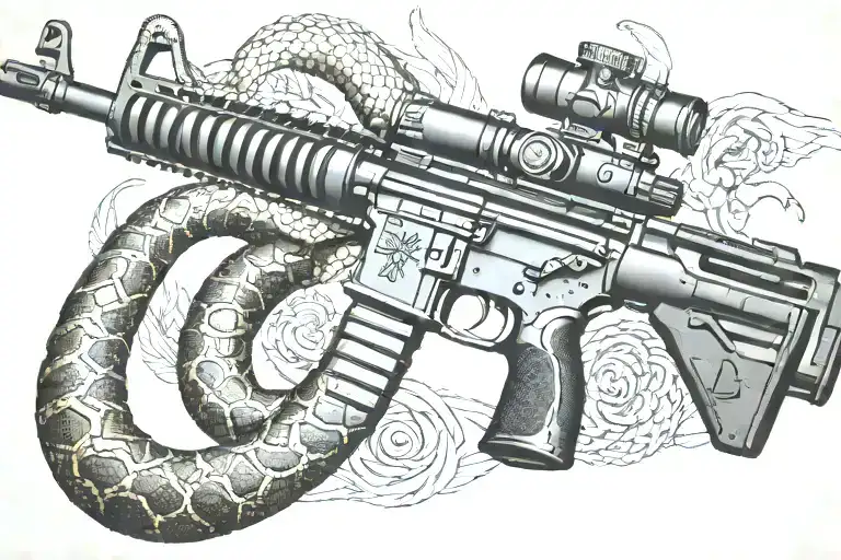 snake AR 15  rifle with rattle snake coiled around with snake head showing tattoo design idea