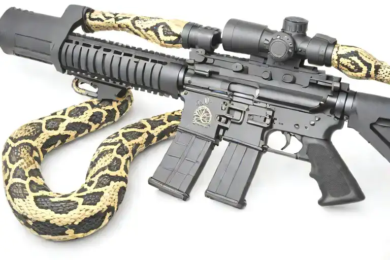 snake AR 15  rifle with rattle snake coiled around with snake head showing tattoo design idea