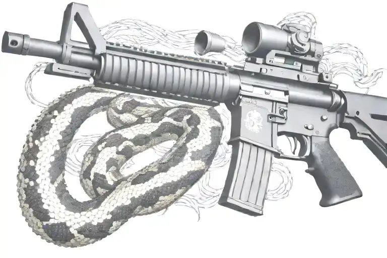 snake AR 15  rifle with rattle snake coiled around with snake head showing tattoo design idea