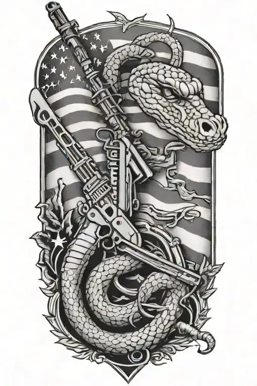 Create a patriotic tattoo featuring the American flag waving in the background with an m4 rifle and a rattle snake intertwined tattoo design idea