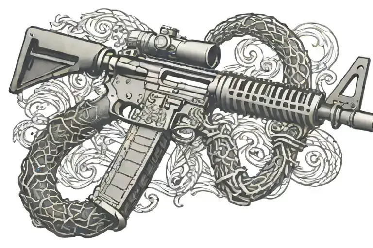 american AR 15  rifle with rattle snake wrapping ot around tattoo design idea