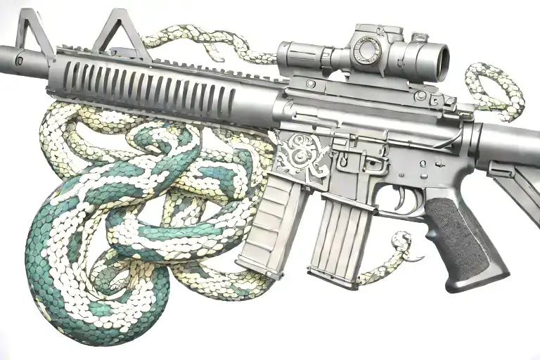 snake AR 15  rifle with rattle snake coiled around with snake head showing tattoo design idea