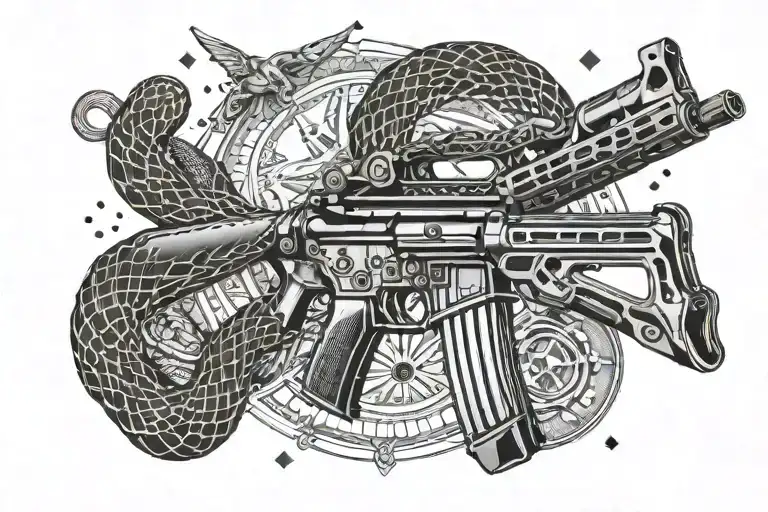 A geometric pattern incorporating elements of an m4 rifle and a rattle snake, reflecting the precision and agility required in border patrol work tattoo design idea