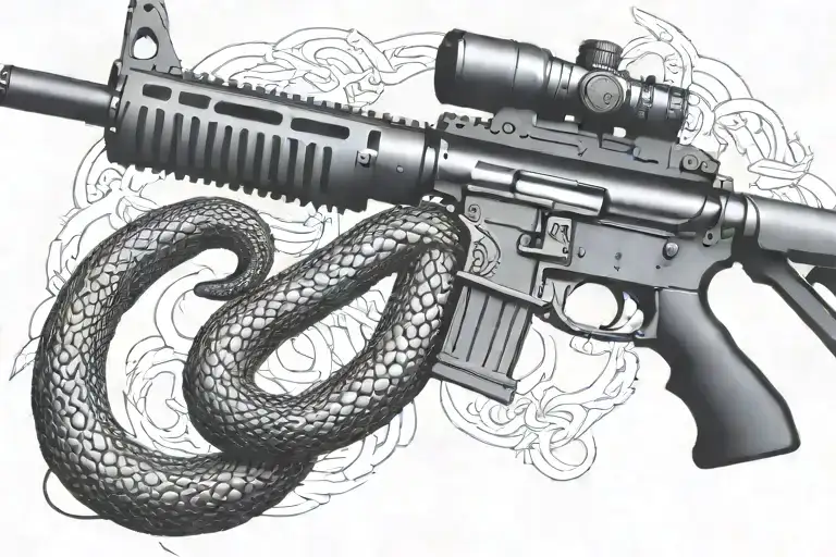 snake AR 15  rifle with rattle snake coiled around with snake head showing tattoo design idea